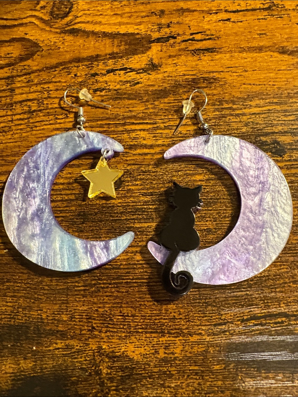 Handmade Purple Moon & Cat Dangle Earrings NEW